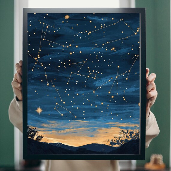 Night Sky Constellations Stars Over Mountains Celestial Art Poster