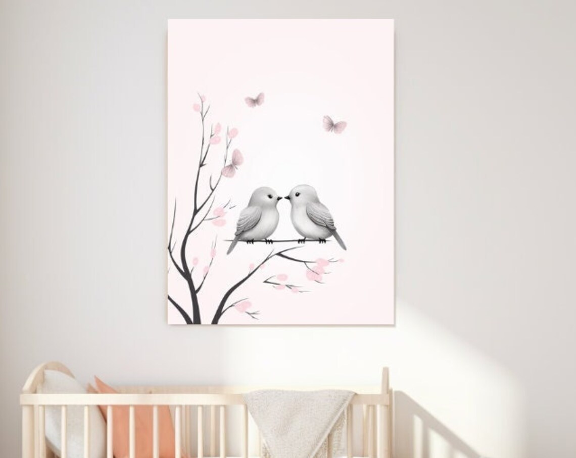Love Birds Cherry Blossom Branch Pink Nursery Wall Art Poster