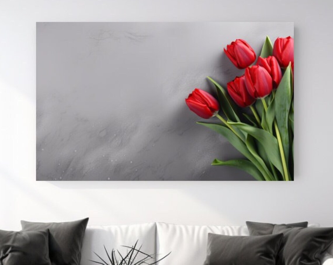 Red Tulips Grey Background Minimalist Corner Floral Wall Art Poster