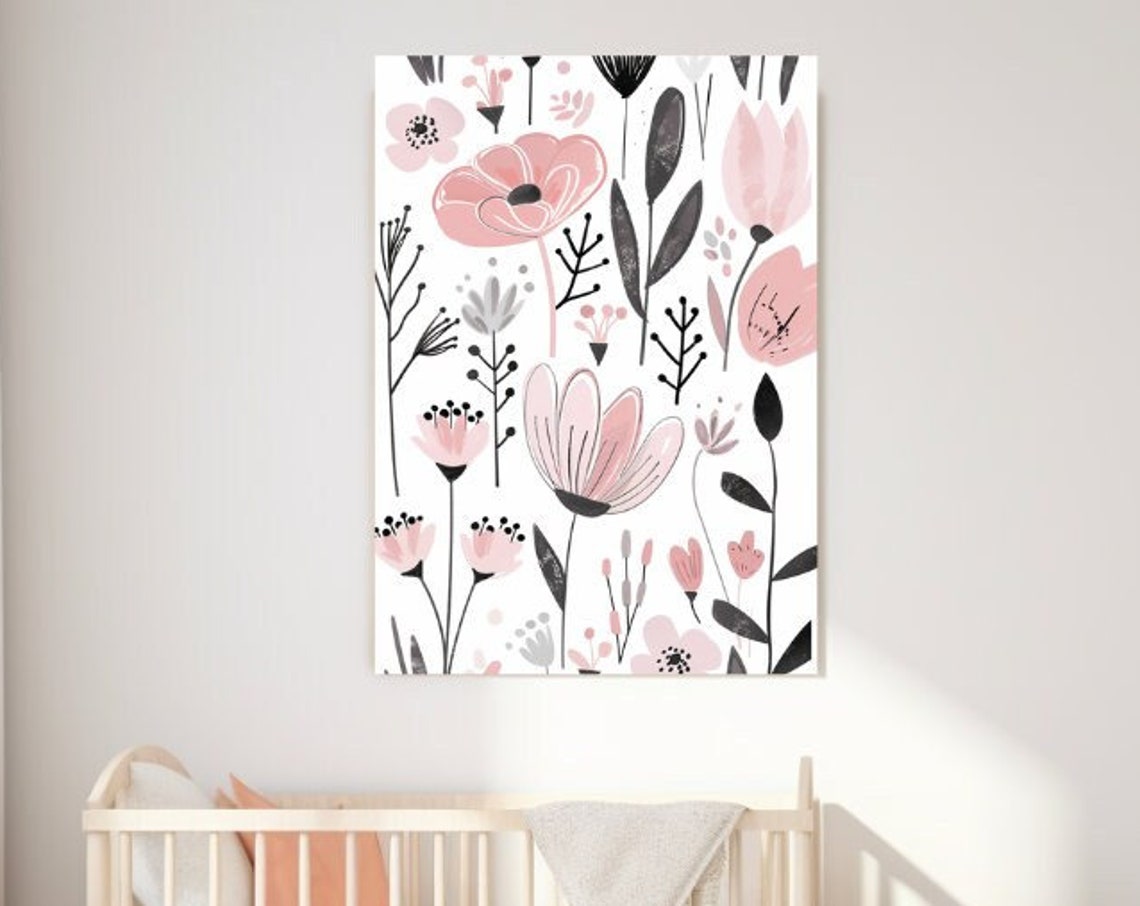 Pink Wildflower Botanical Pattern Scandinavian Kids Nursery Art Poster