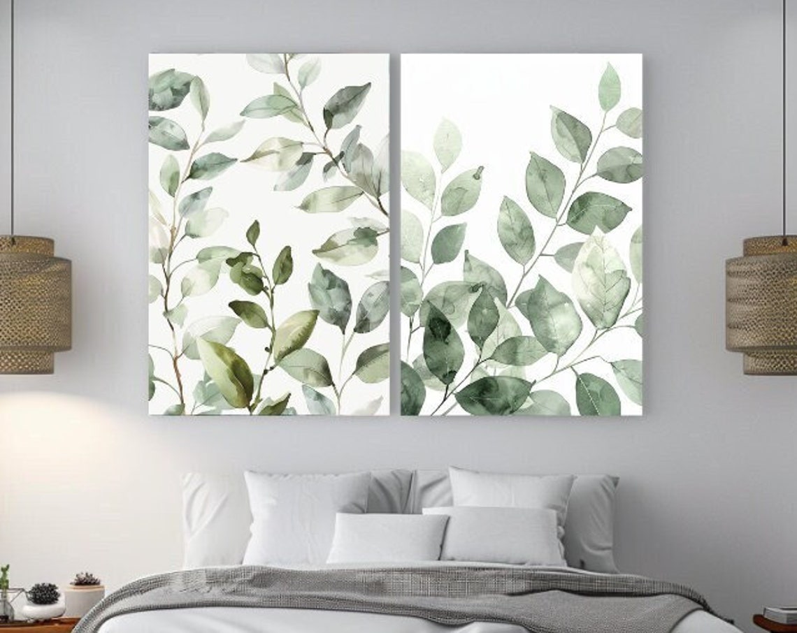 Green Watercolor Leaves Diptych Pair Botanical Bedroom Wall Art