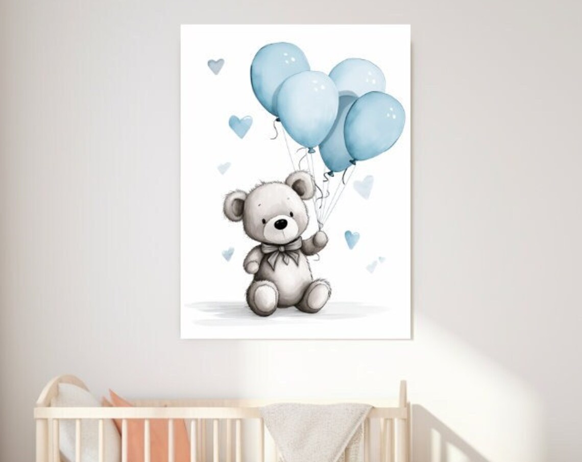 Cute Teddy Bear With Blue Balloons And Hearts Nursery Art Poster