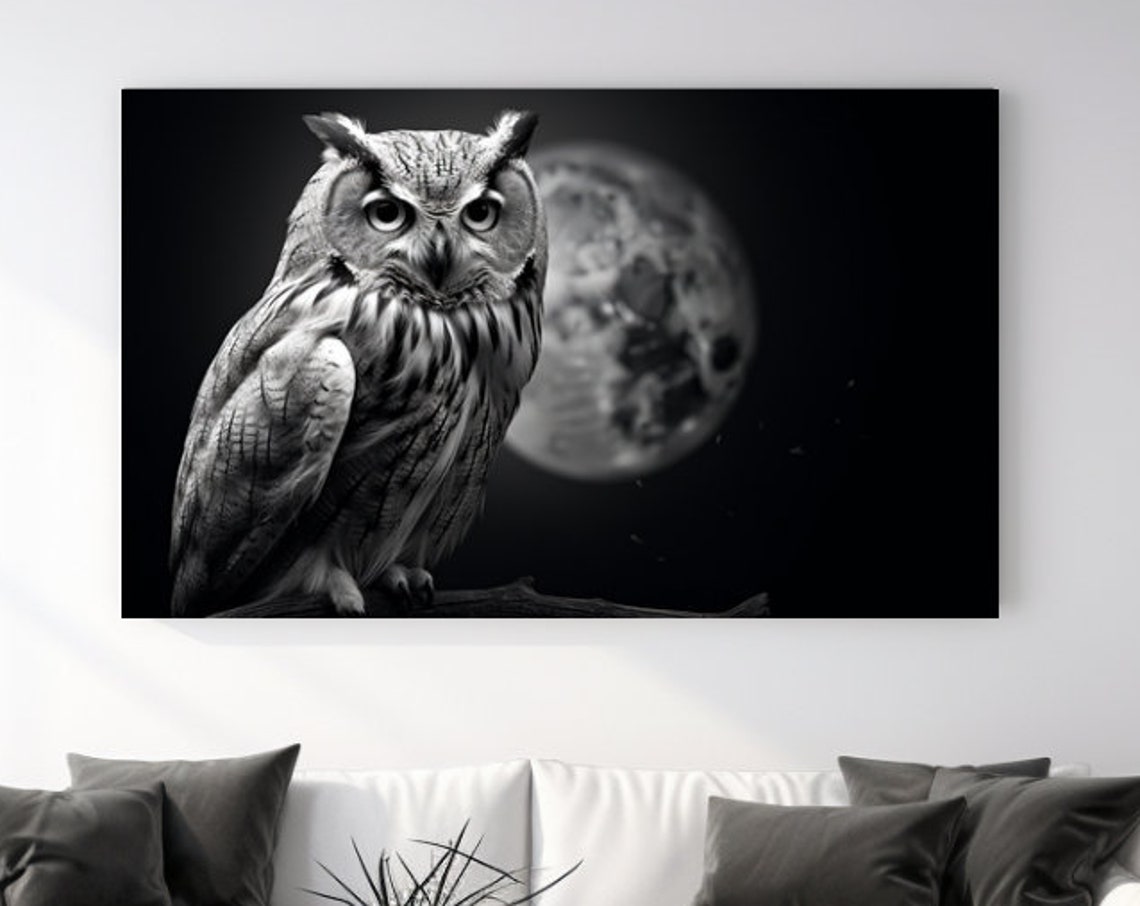 Great Horned Owl Full Moon Black White Night Wildlife Art Poster
