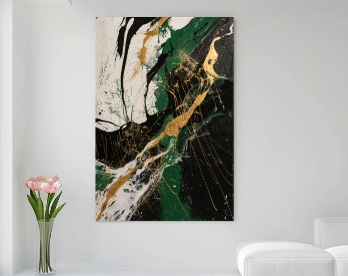 Black White Green And Gold Dynamic Abstract Splashes Wall Art