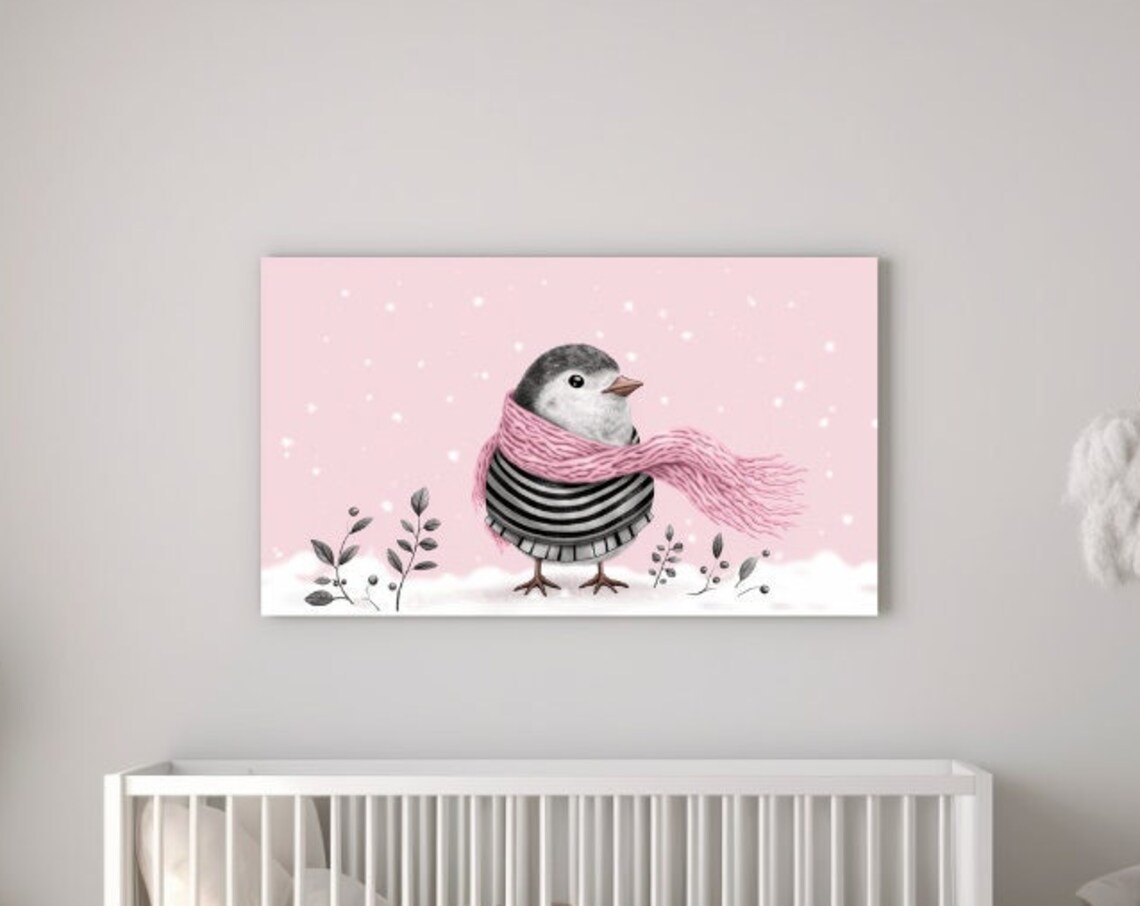 Sweet Bird in Pink Knit Scarf Winter Snowfall Nursery Poster