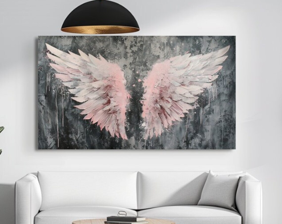 Pink Angel Wings on Dark Textured Background Painting Wall Art