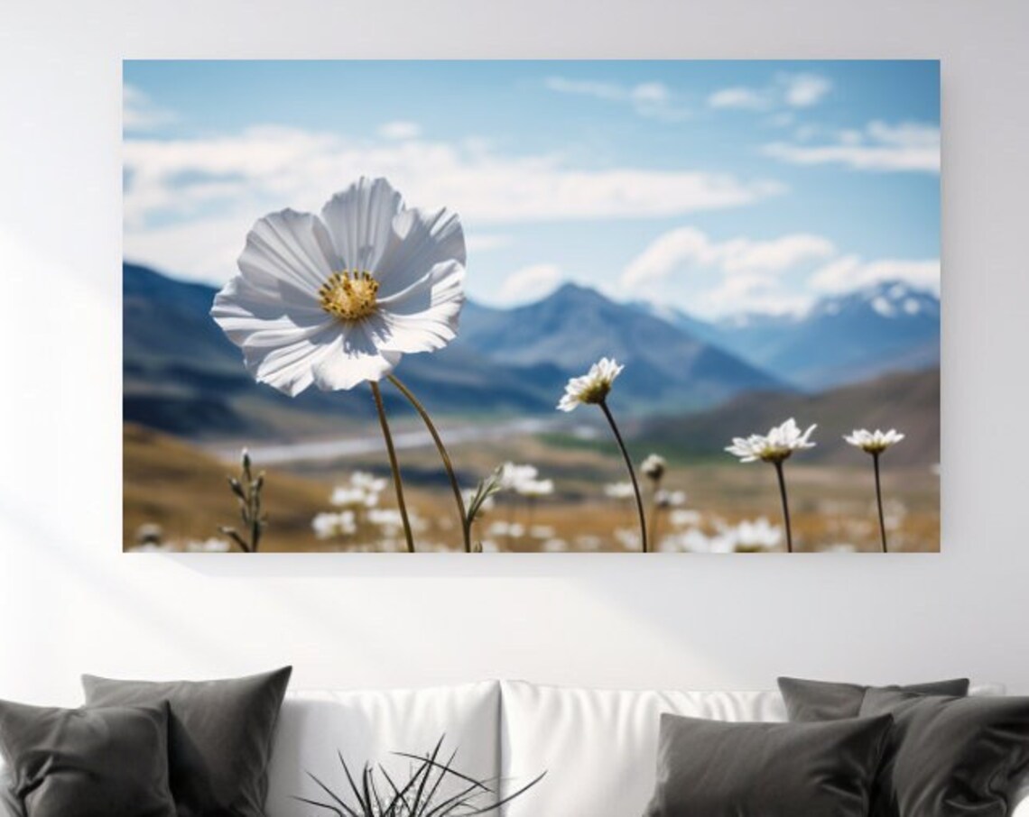 White Cosmos Wildflowers Blue Mountain Meadow Sky Floral Art Poster