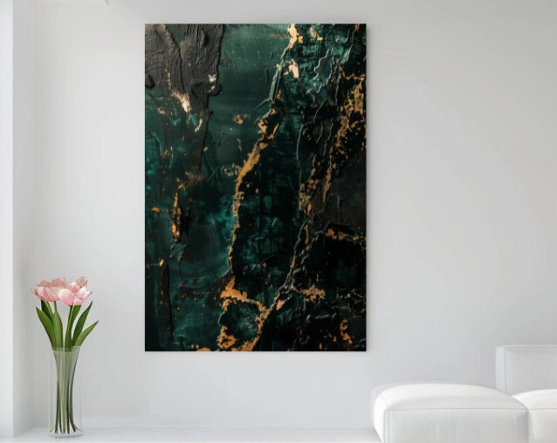 Deep Emerald Green Black Gold Veins Abstract Painting Wall Art