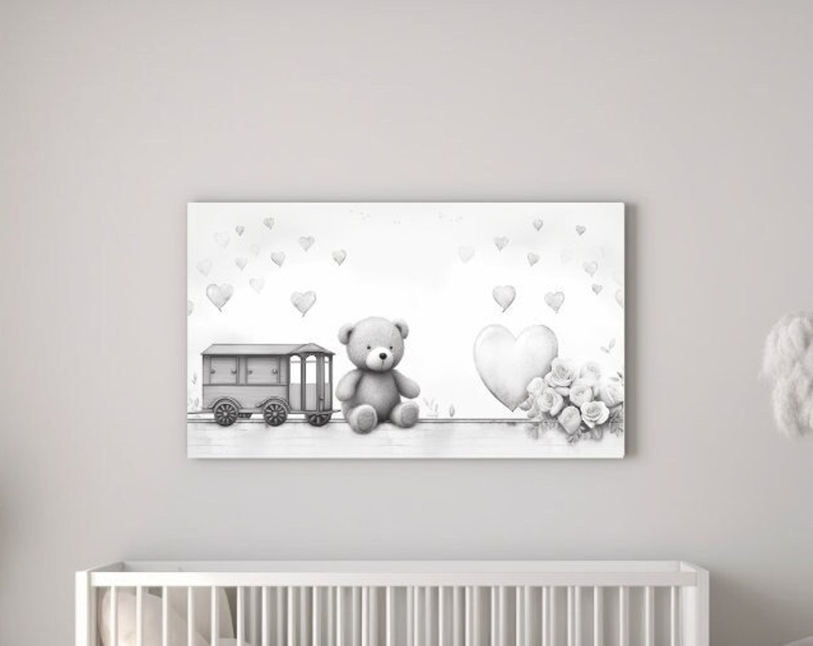 Teddy Bear With Train Heart Balloons Black And White Nursery Wall Art