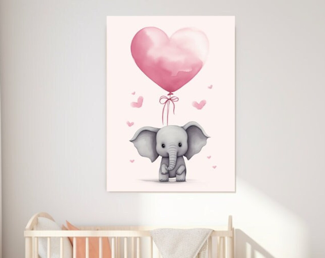Cute Baby Elephant Holding Pink Heart Balloon Nursery Wall Poster