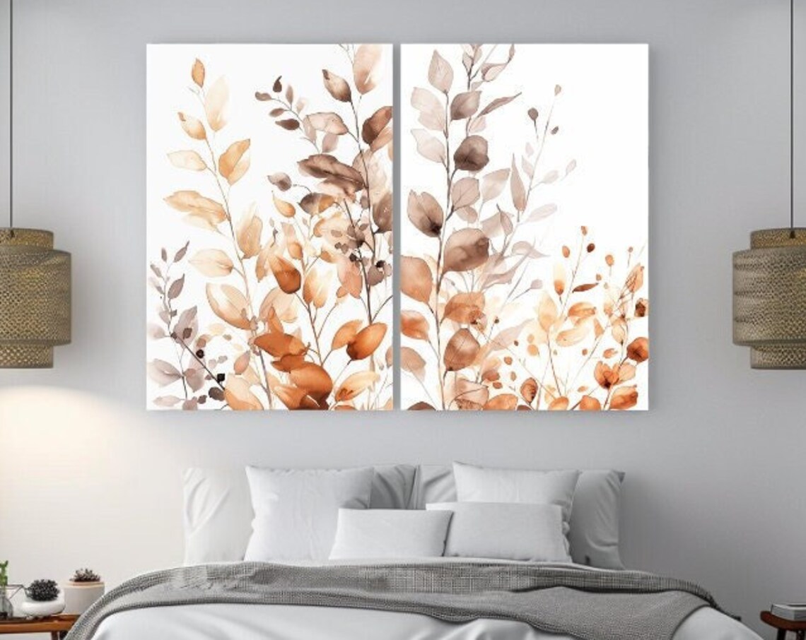 Warm Terracotta Leaves Watercolor Diptych Pair Autumn Wall Art