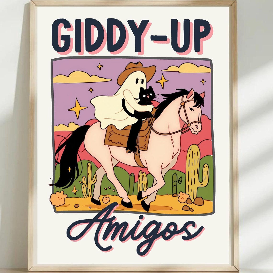 Giddy-Up Amigos Ghost Cowboy Riding Horse With Cat Funny Quote Poster
