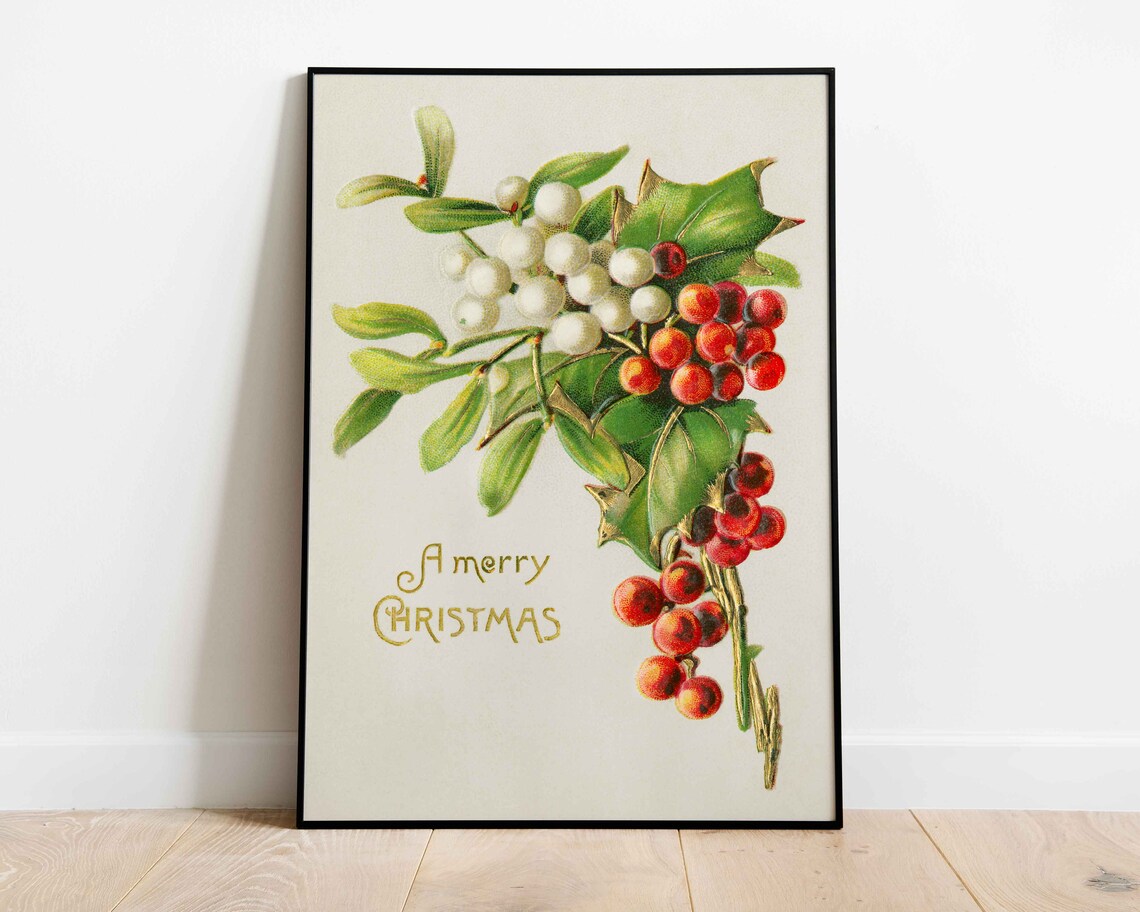 Vintage Christmas Holly Poster, Merry Christmas Decor