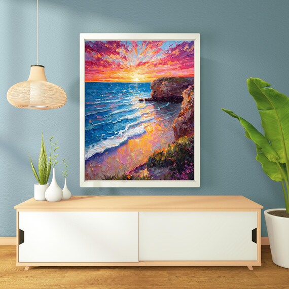 Sunset Over Ocean Cliffs Vibrant Impasto Seascape Oil Art Poster