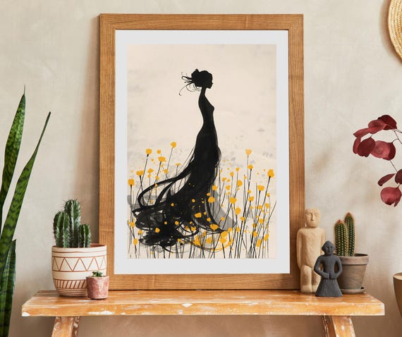 Elegant Silhouette Woman In Wildflowers Minimalist Watercolor Art Black And Yellow Wall Decor Instant