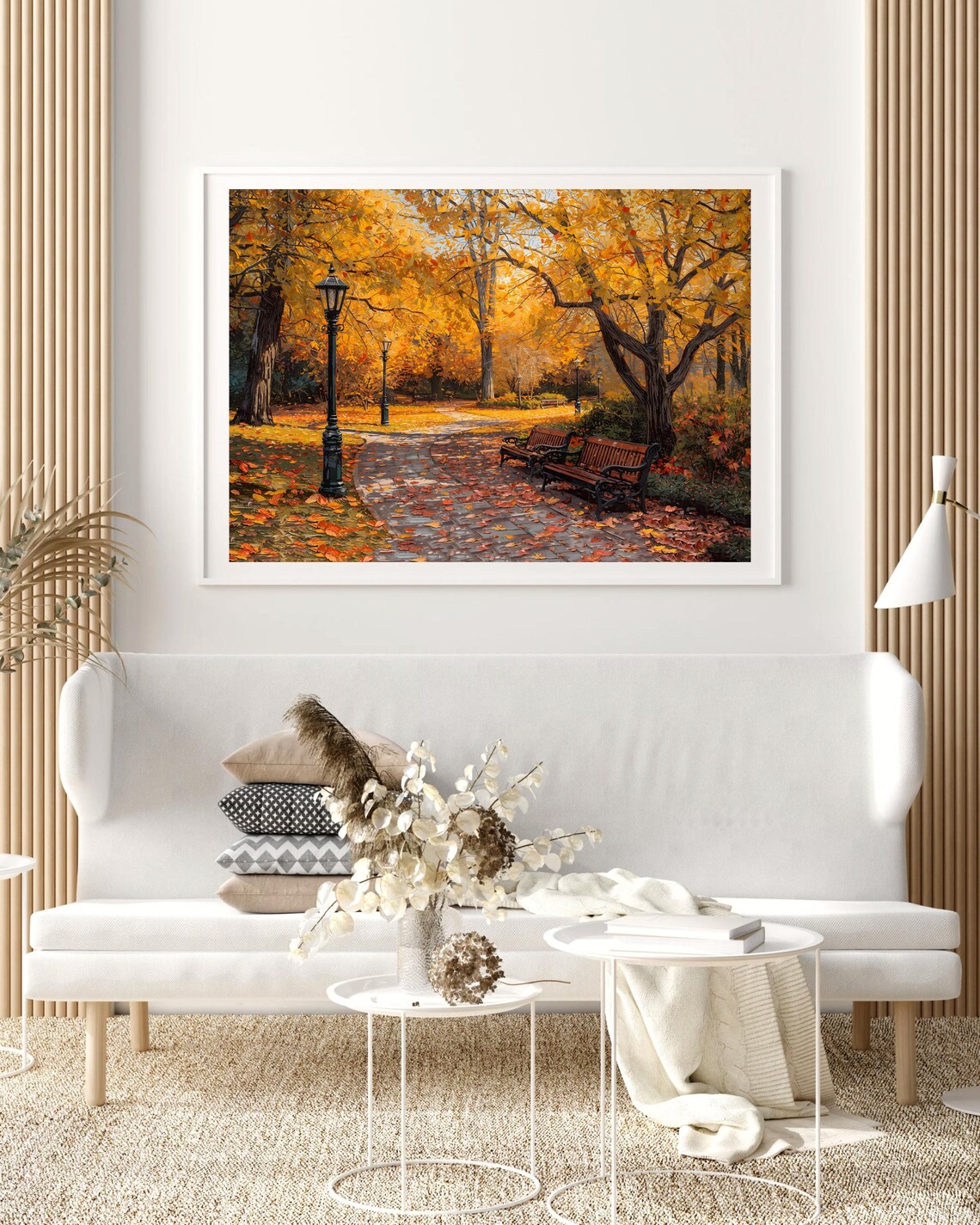 Autumn Park Path With Wooden Benches And Lampposts Painting Poster