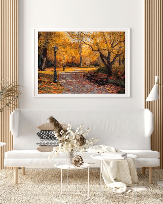 Golden Autumn Park Path Cozy Fall Wall Art Rustic Benches Lanterns Under Trees Image