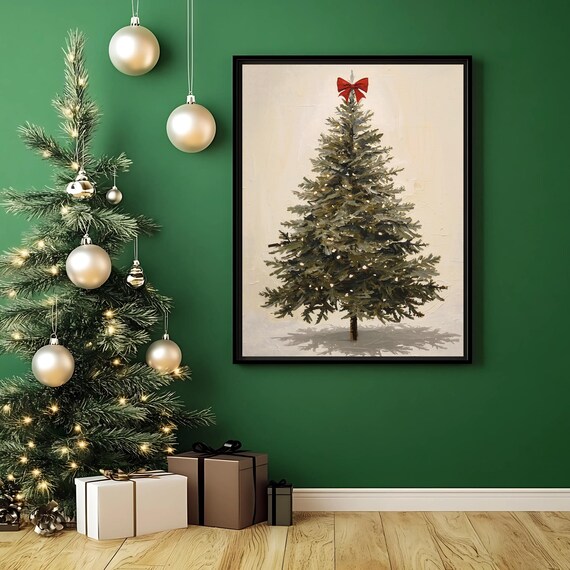 Minimalist Christmas Tree Wall Art Red Bow Holiday Painting Neutral Winter Decor Festive Home Instant