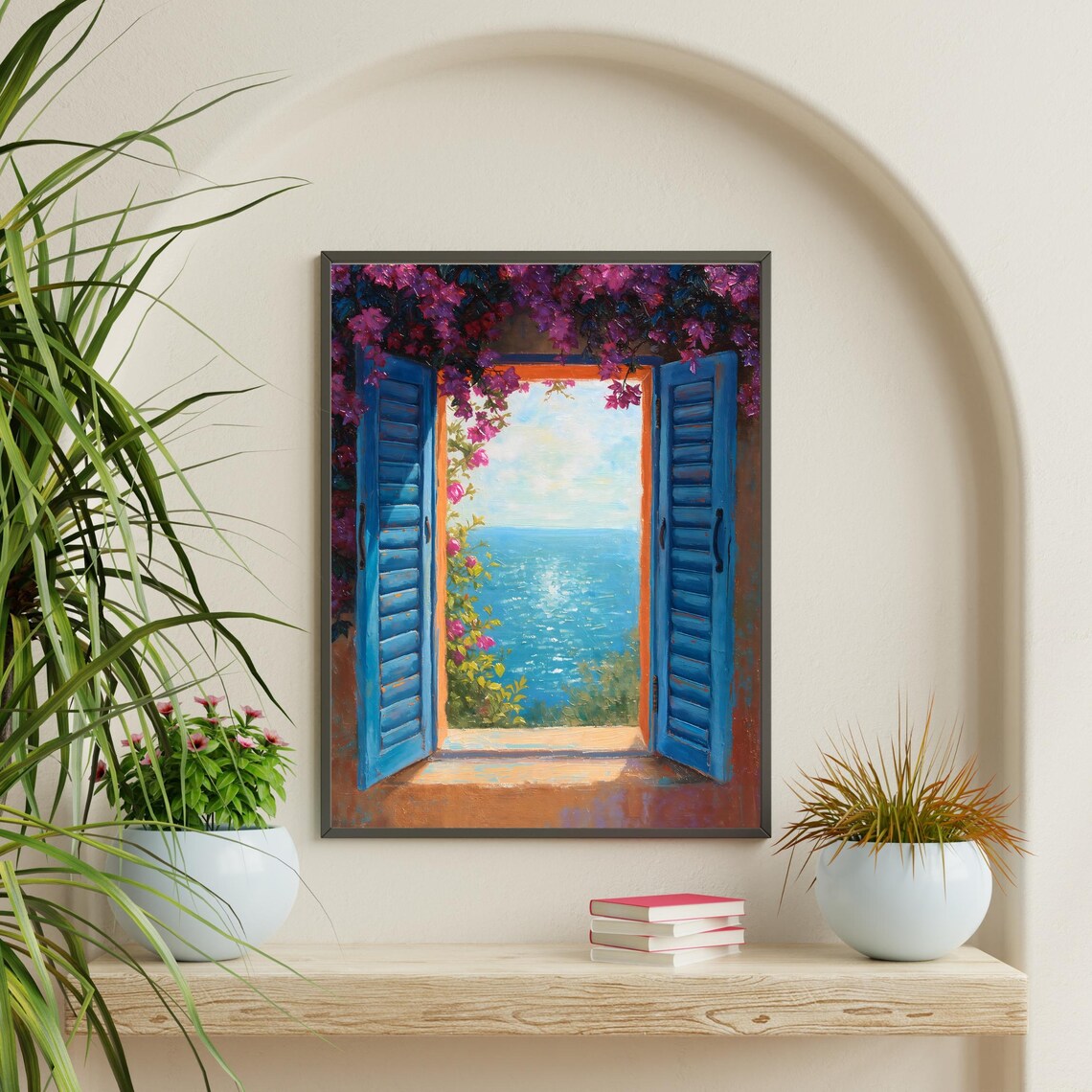 Mediterranean Sea View Window Blue Shutters Bougainvillea Wall Art