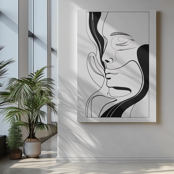 Minimalist Black And White Abstract Face Line Art Modern Poster