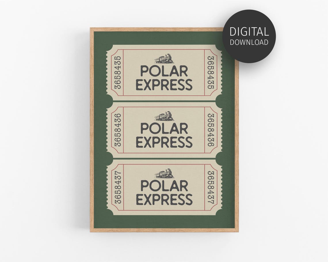 Polar Express Ticket Vintage Forest Green Christmas Train Art Poster