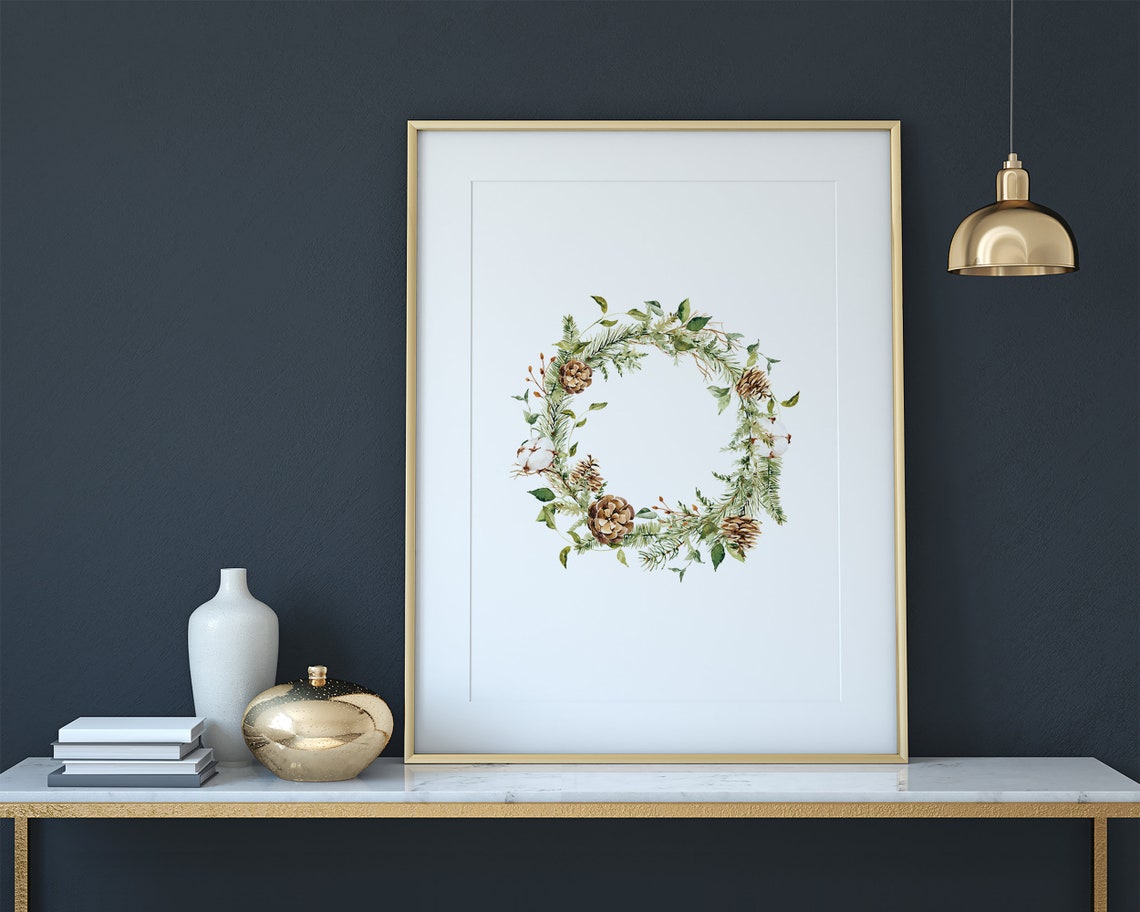 Watercolor Christmas Wreath Pinecones Cotton Botanical Holiday Print - Image 3