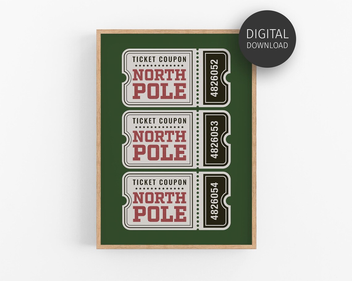 North Pole Ticket Coupon Vintage Green Christmas Train Ticket Poster