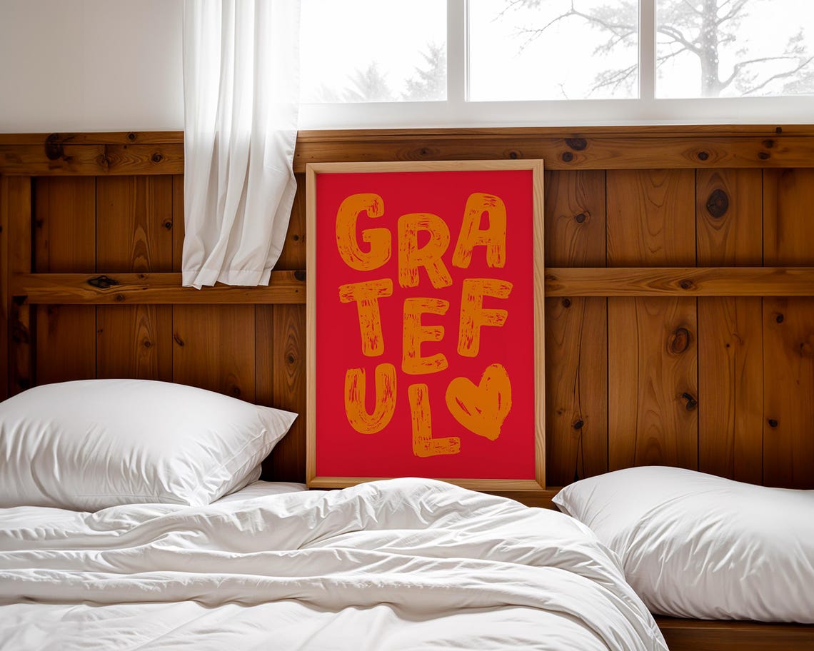 Grateful Bold Hand Lettered Heart Red Orange Positivity Wall Art - Image 3