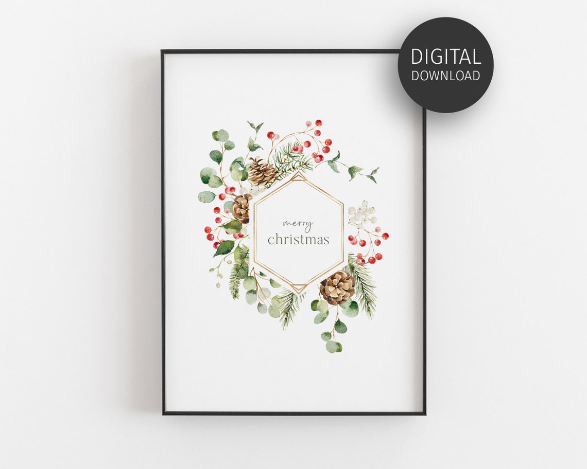 Merry Christmas Watercolor Wreath Pinecone Berry Holiday Poster