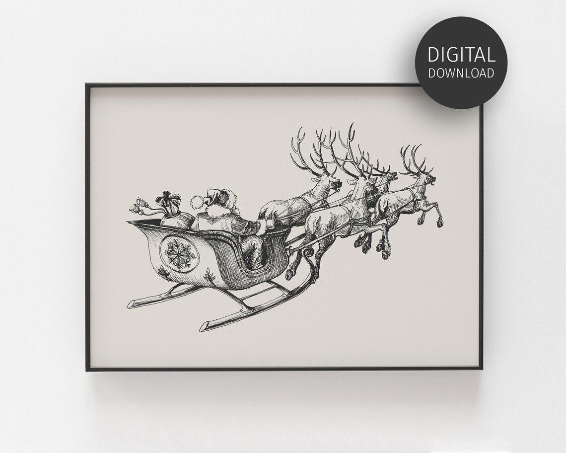 Santa's Sleigh Vintage Christmas Poster Print