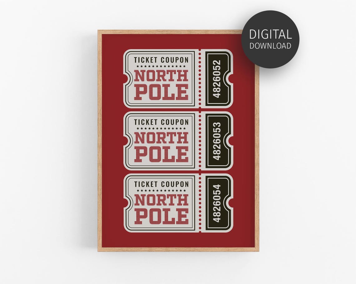 North Pole Ticket Coupon Red Vintage Christmas Holiday Art Poster