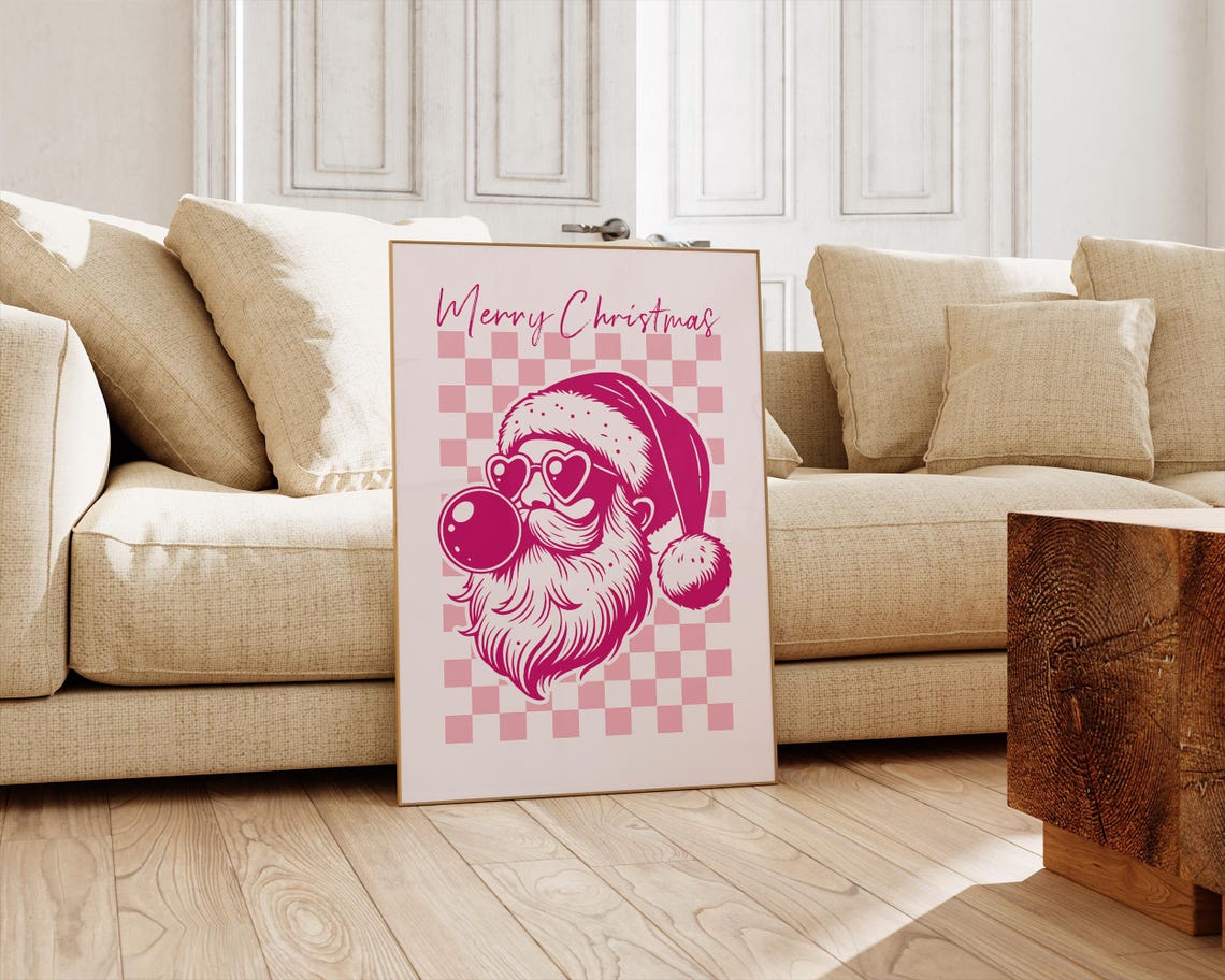 Merry Christmas Pink Retro Santa Bubble Checkerboard Holiday Print - Image 3