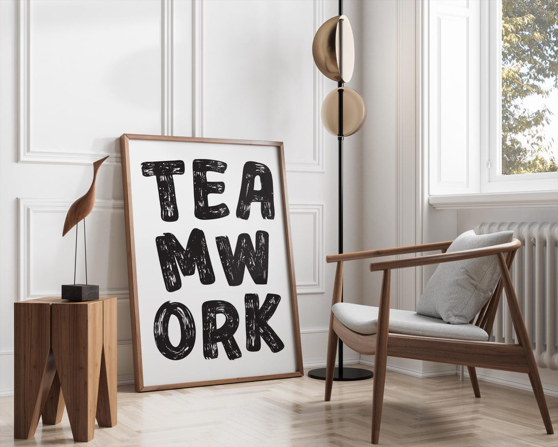 Teamwork Bold Hand Painted Letters Black White Office Wall Art - Image 3