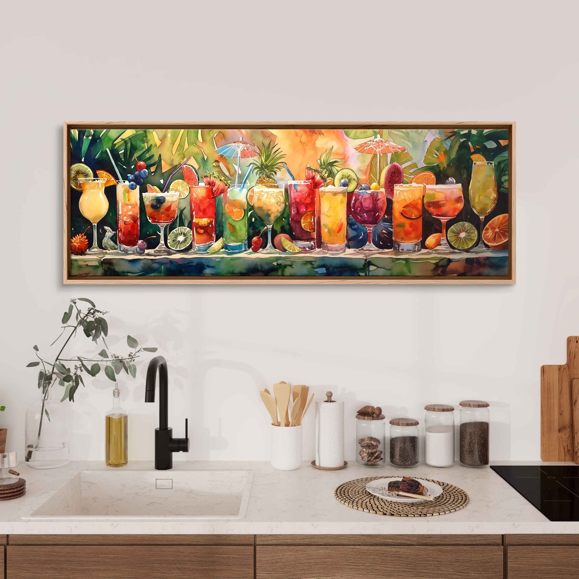 Panaramic Cocktail Painting Palm Trees In Sunset Vibrant Color Wall Art Print Ready To Hang - Image 3