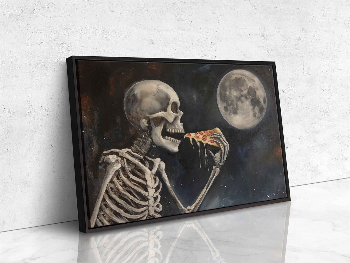 Skeleton Eating Pizza, Halloween Oil Painting Art Print - Image 4