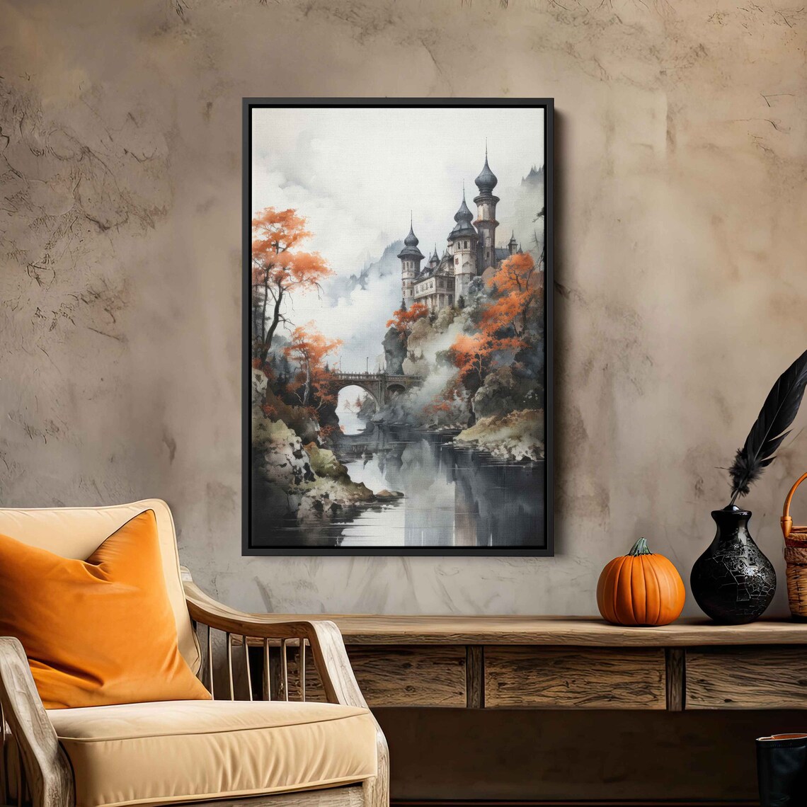 Watercolor River Castle Wall Art Print Hanging Trees Medieval Bridge Mountain Range Ready To Hang - Image 3