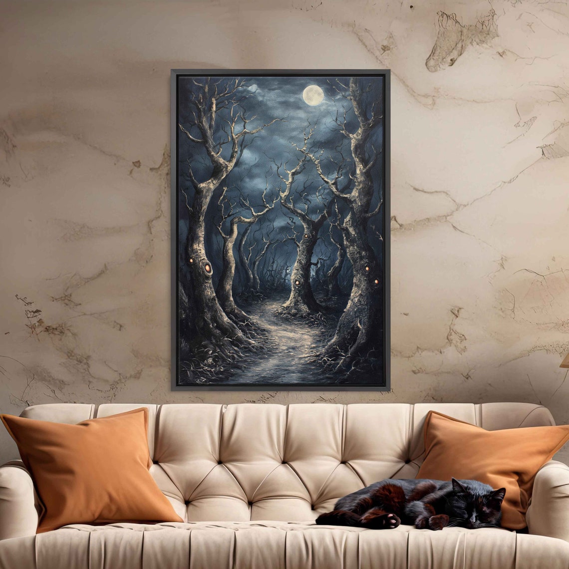 Haunted Forest Glowing Eyes Full Moon Spooky Night Path Wall Art - Image 3
