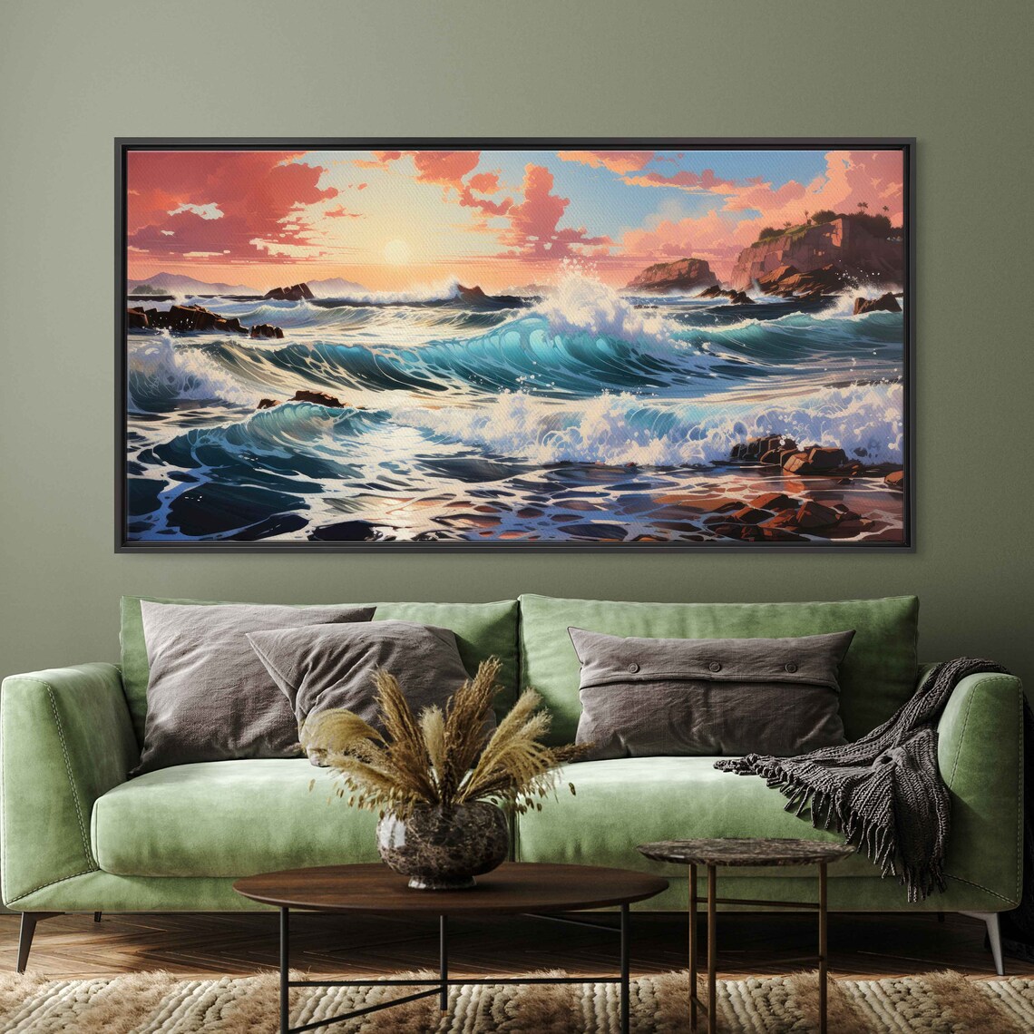 Crashing Ocean Waves Sunrise Pink Clouds Rocky Cliffs Panoramic Seascape Poster - Image 3