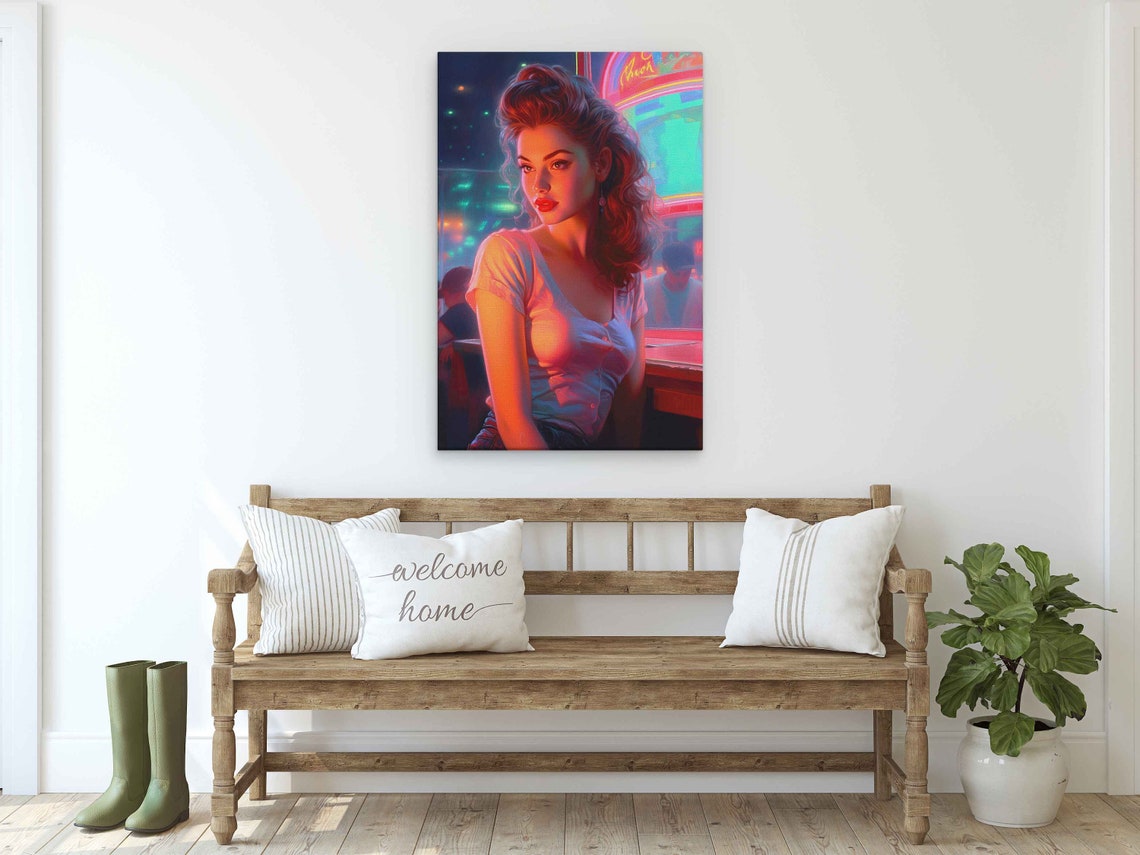 Retro Woman Portrait Neon Bar Pink Green Lights Vintage Pop Art Poster - Image 2
