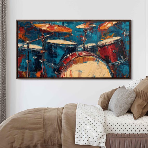 Drum Set Close Up Wall Art Print Vibrant Acrylic Painting Energetic Textures Bold Strokes