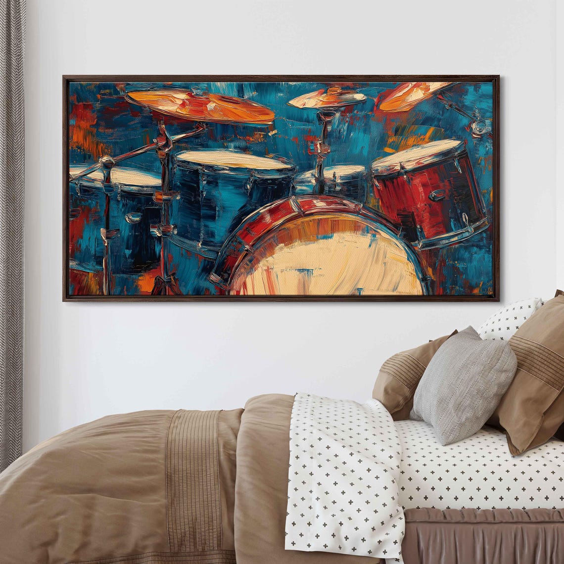 Drum Kit Acrylic Painting Bold Blue Red Strokes Energetic Music Poster