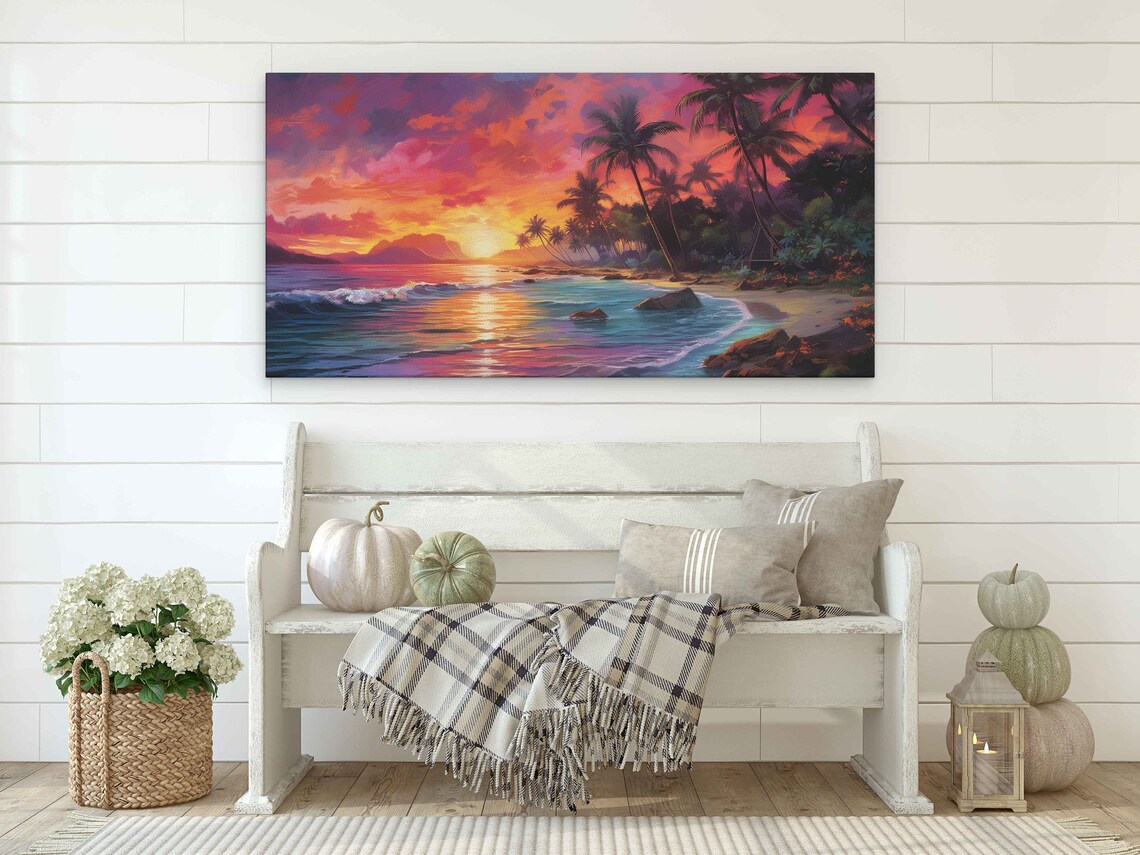 Colorful Neon Beach Sunset Oil Painting Art Print - Image 2