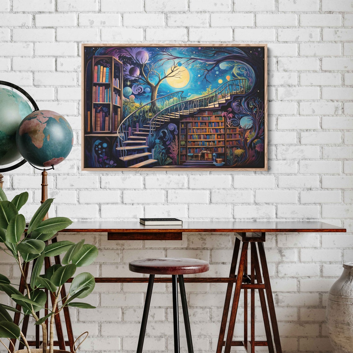 Moonlit Spiral Staircase Night Library Whimsical Fantasy Book Poster - Image 2