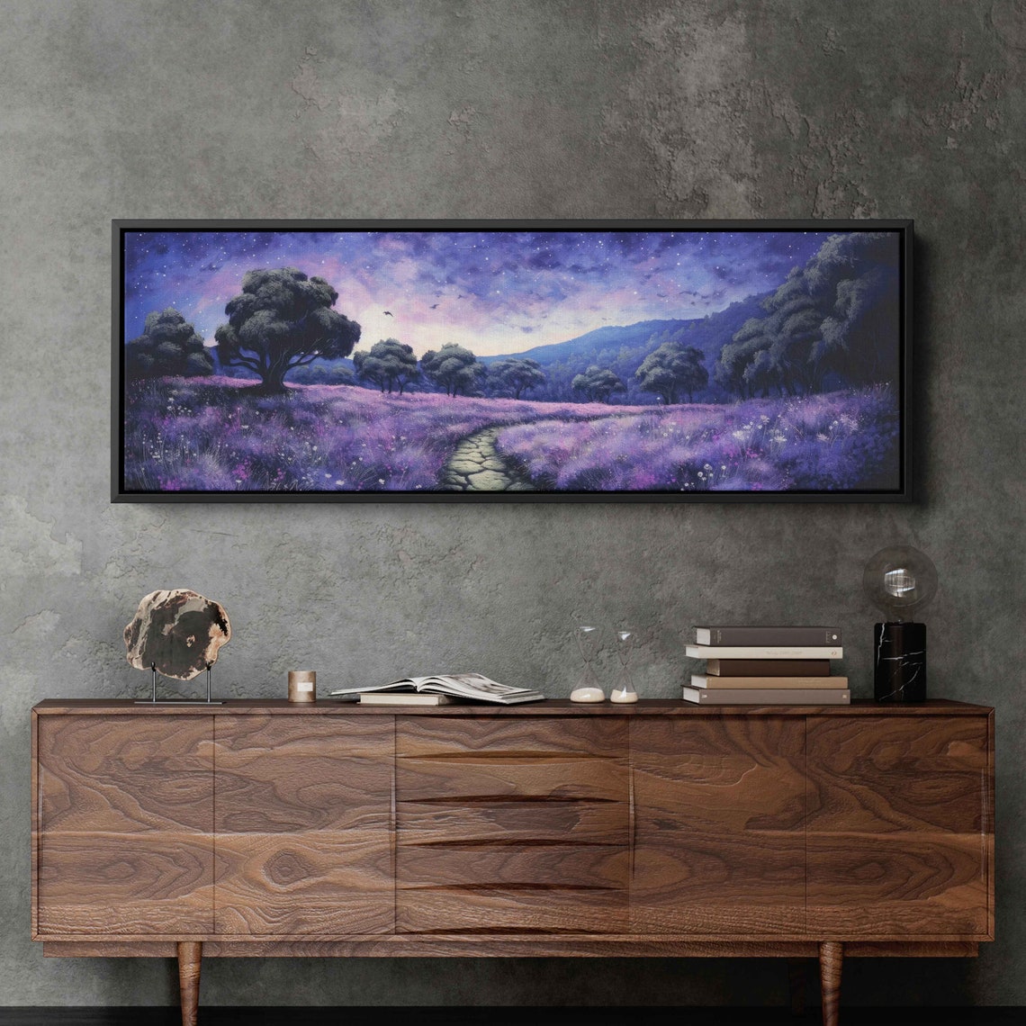 Moonlit Lavender Field Stone Path Forest Night Sky Panoramic Print - Image 3