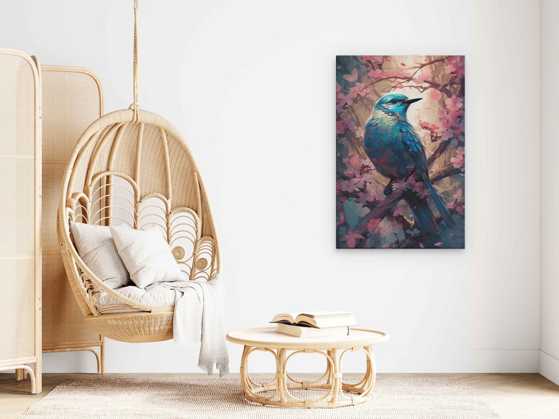 Blue Bird Perched In Cherry Blossoms Spring Wildlife Art Poster - Image 3
