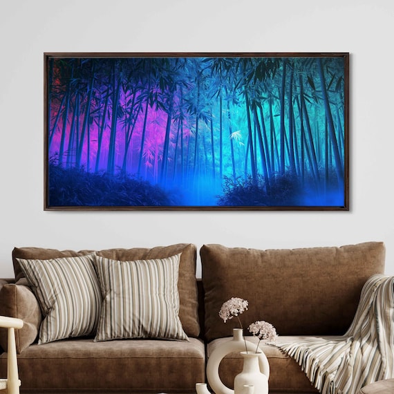 Bamboo Forest Wall Art Print Neon Colors Ethereal Atmosphere Luminous Wildlife