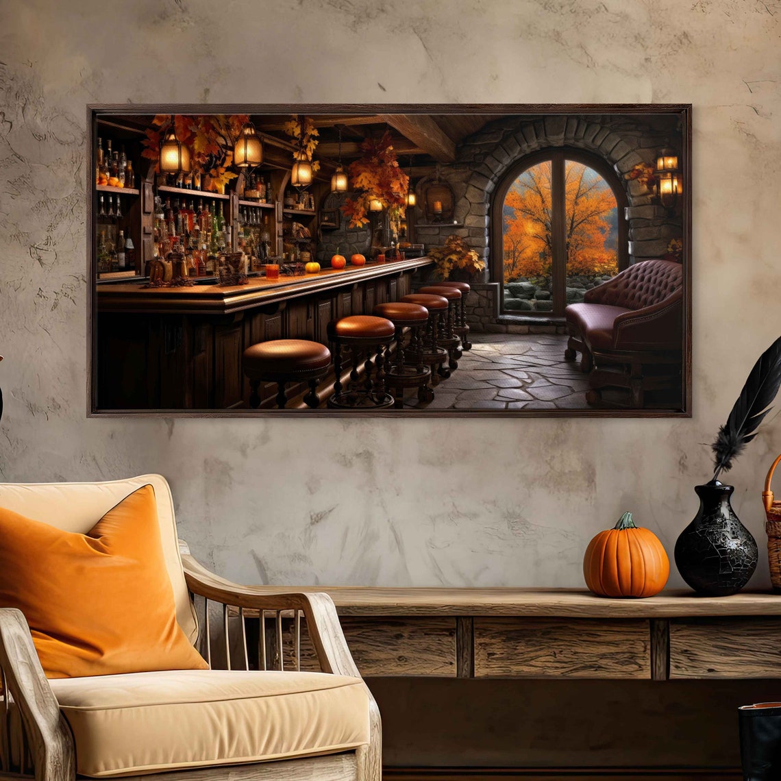 Cozy Autumn Pub Bar Interior Stone Arch Window Fall Foliage Art Print