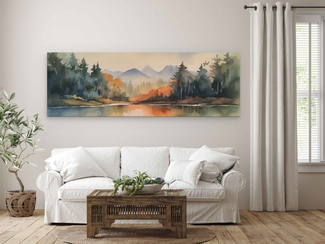 Misty Forest Lake Autumn Mountains Watercolor Panoramic Wall Poster - Image 4