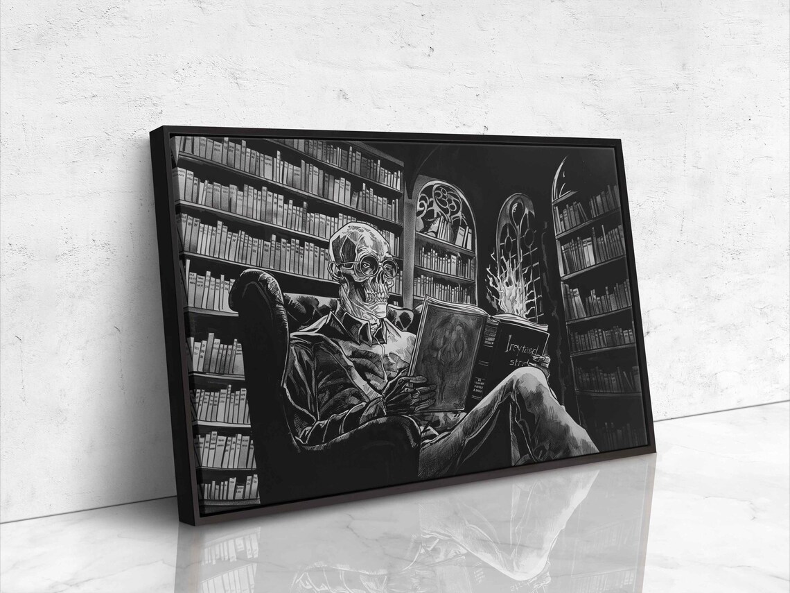 Skeleton Reading Book In Armchair Inside Dark Library Halloween Ink Poster - Image 4