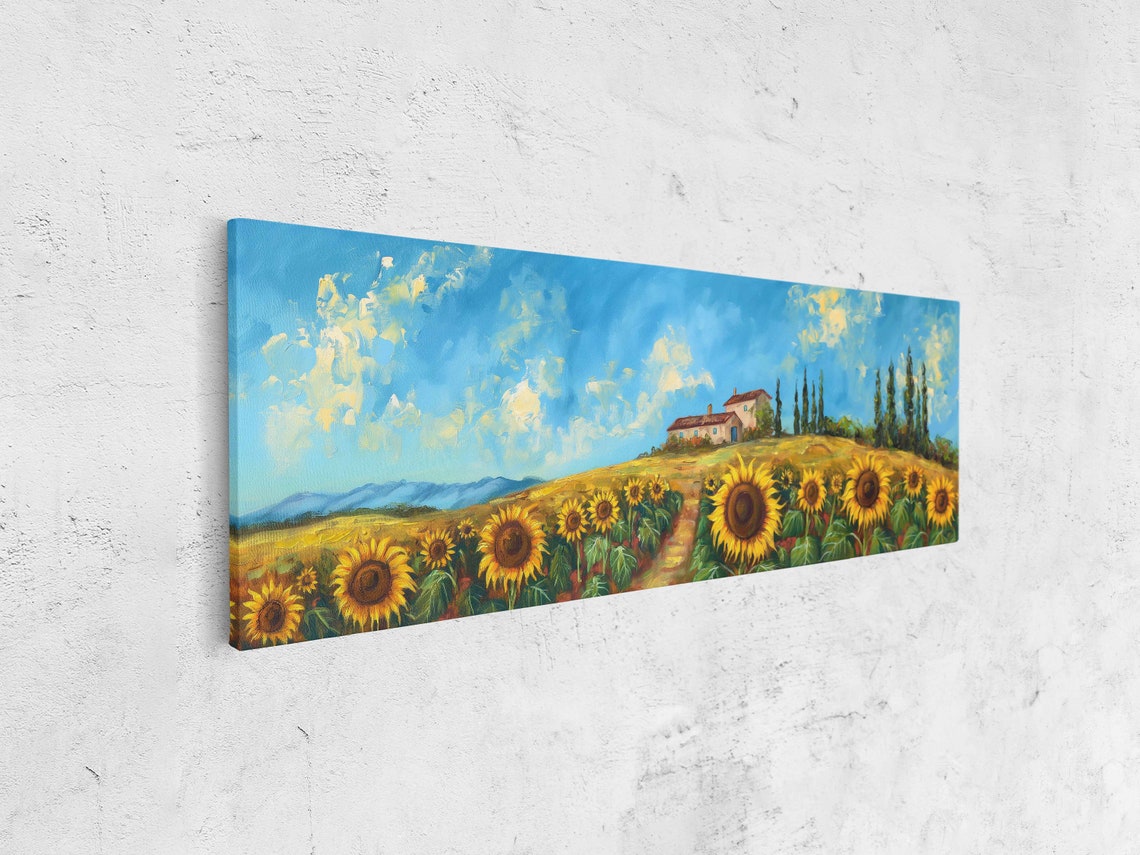 Tuscan Sunflower Field Hill Farmhouse Cypress Trees Blue Sky Art - Image 4